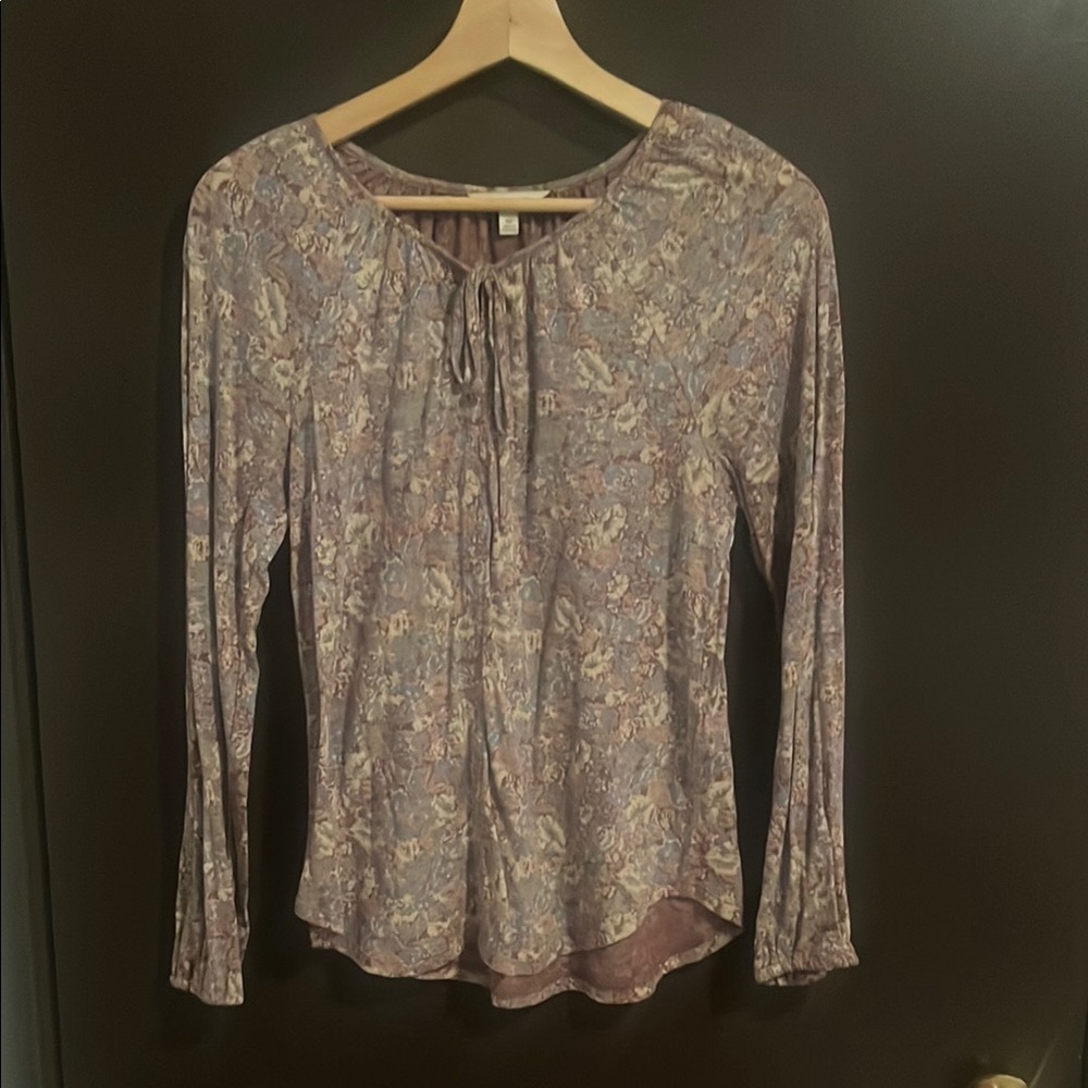Lucky Brand Gray and White Tie Front Long Sleeve Blouse